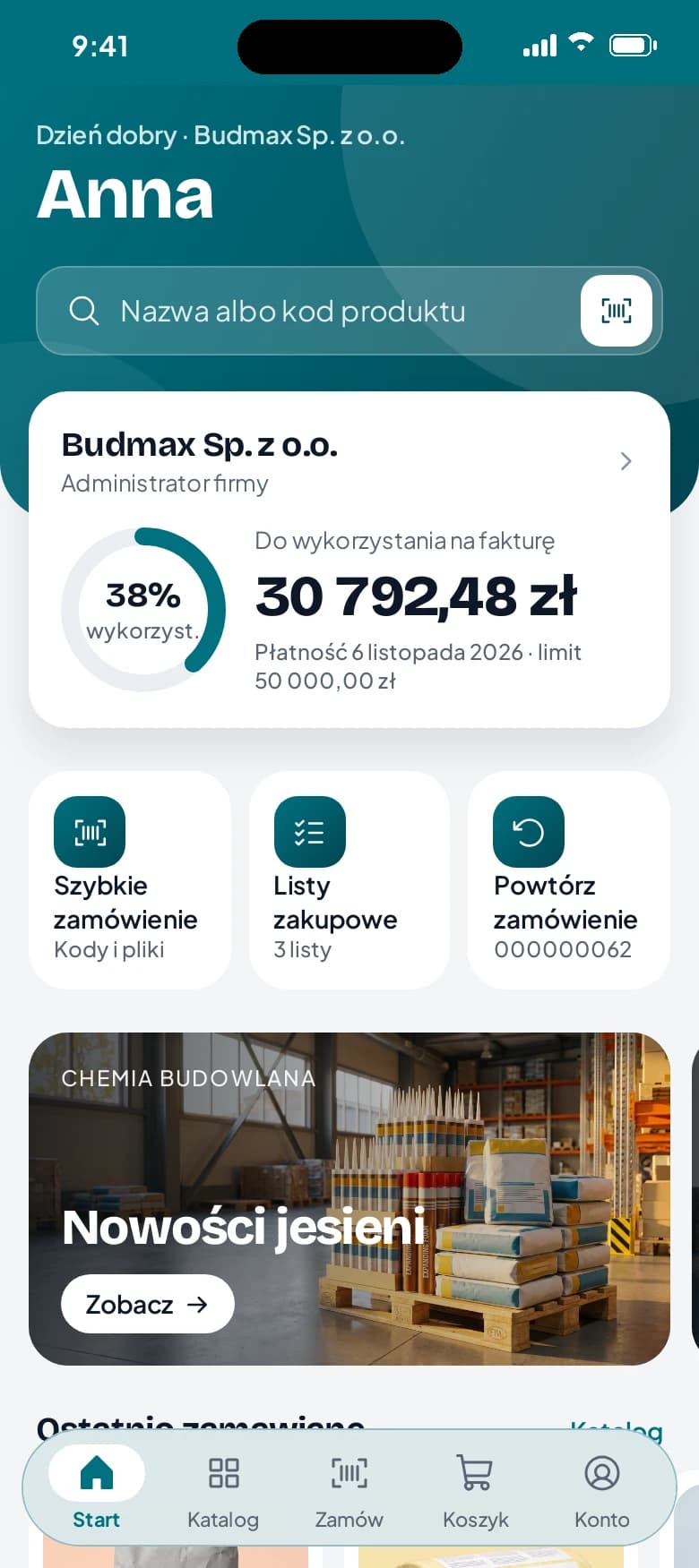 Aplikacja B2B: ekran startowy klienta z limitem kredytowym i szybkim zamówieniem