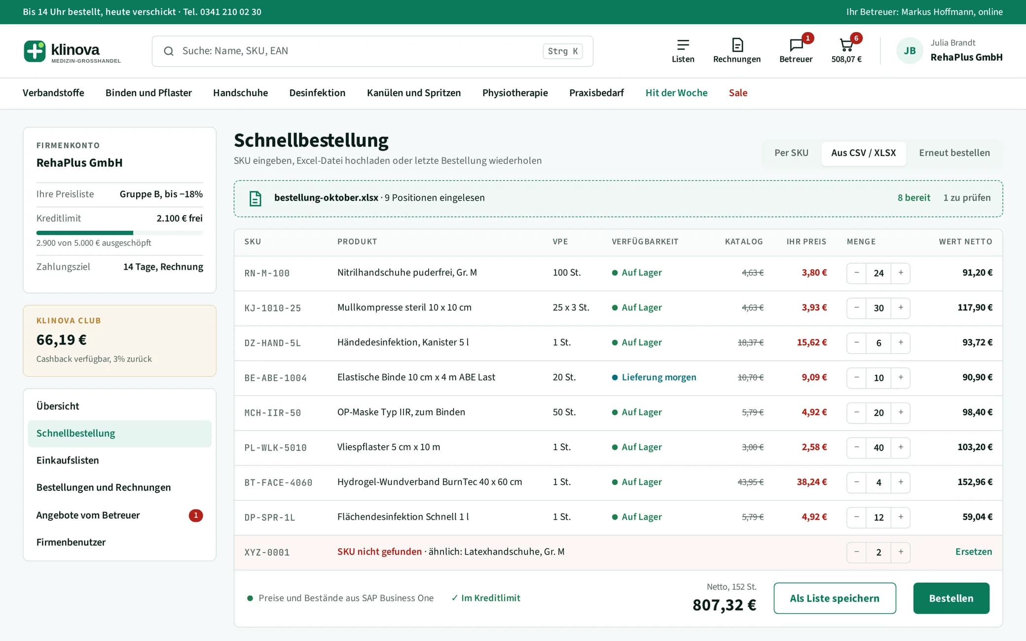 B2B-Plattform Klinova im Browser: Schnellbestellung aus einer XLSX-Datei mit Kundenpreisen, Verfügbarkeit und Kreditlimit