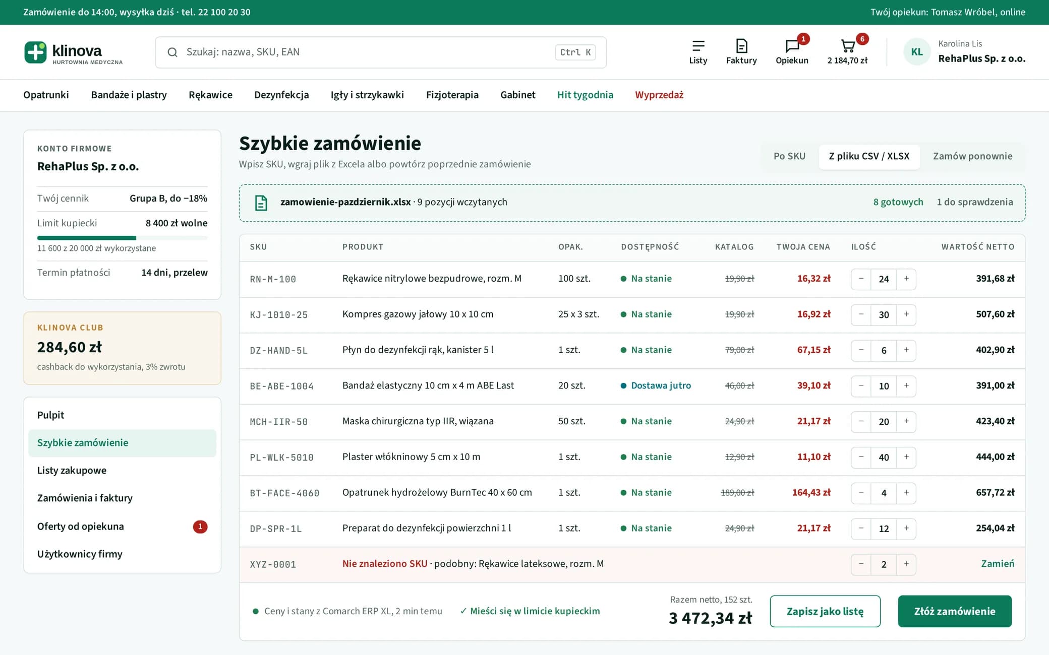 Platforma B2B Klinova w przeglądarce: szybkie zamówienie z pliku XLSX, ceny klienta, dostępność i limit kupiecki