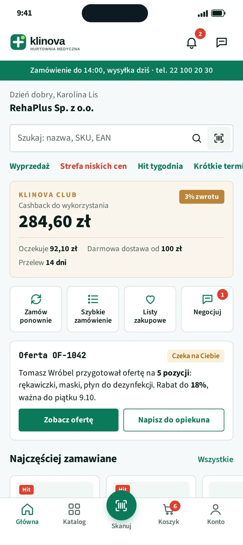 Aplikacja B2B: ekran klienta z cashbackiem, szybkim zamówieniem i ofertą od opiekuna