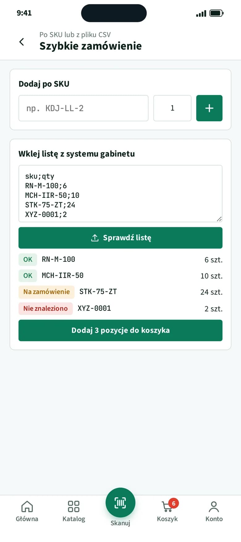 Aplikacja B2B: zamówienie po SKU i z pliku CSV