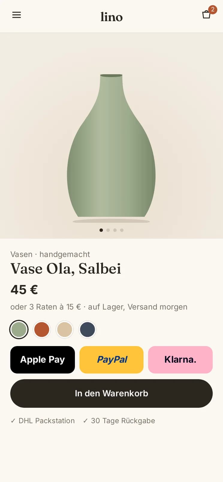 Produktseite im Shop auf dem Smartphone mit Apple Pay, PayPal und Klarna