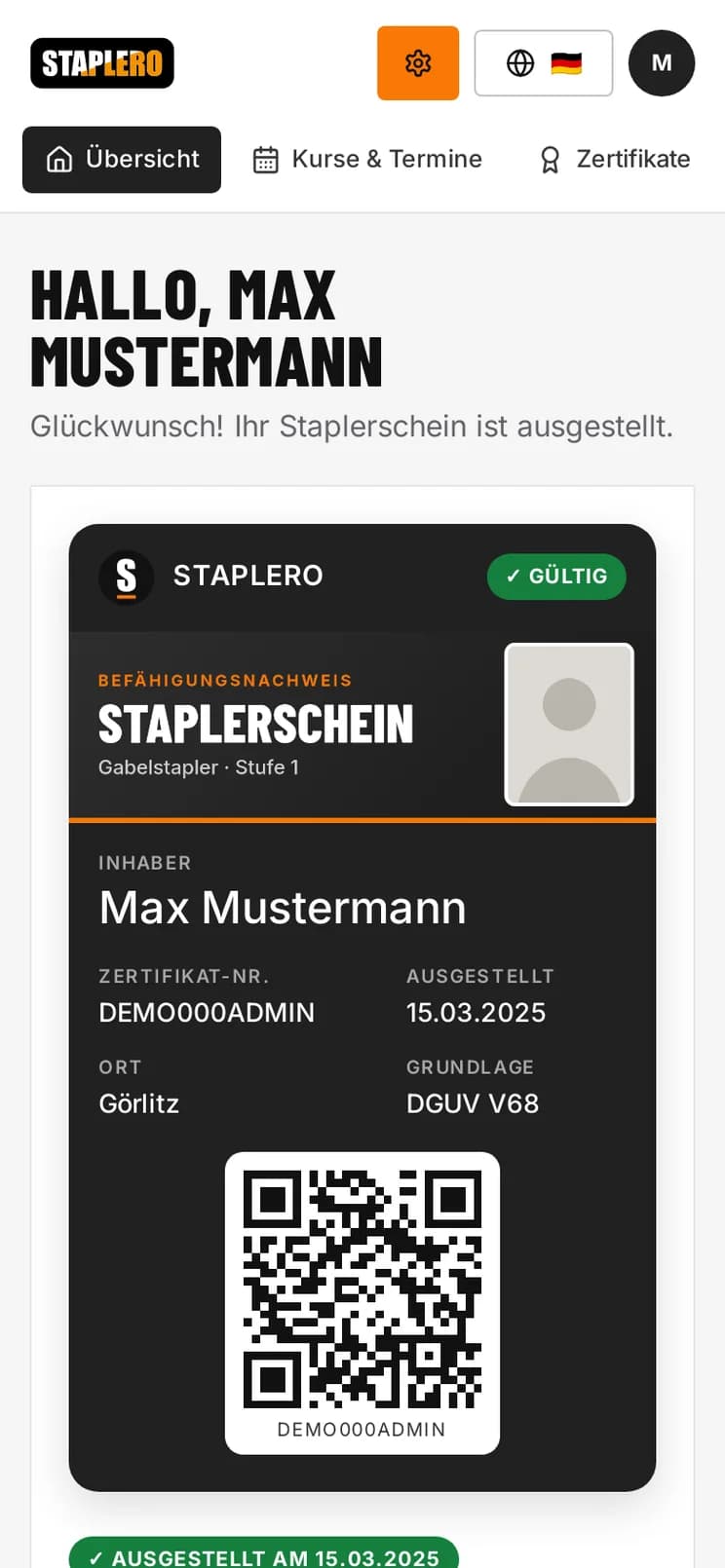 Certyfikat Staplero na telefonie z kodem QR do weryfikacji